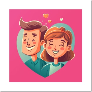 Illustration of a smiling couple in a blue heart on a pink background Posters and Art